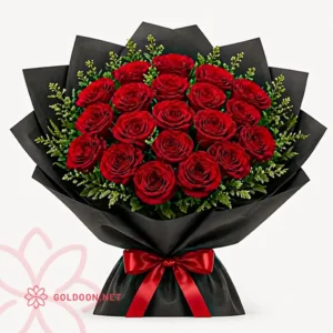 خرید دسته گل رز قرمز کد 001، 20 شاخه رز هلندی قرمز از فروشگاه گلدون