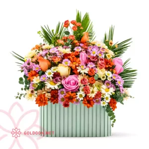 باکس گل کد 001 در فروشگاه گلدون با گل‌های رز صورتی، رز کرم، رز مینیاتوری نارنجی، داوودی، آلسترومریا و گل‌های فصلی