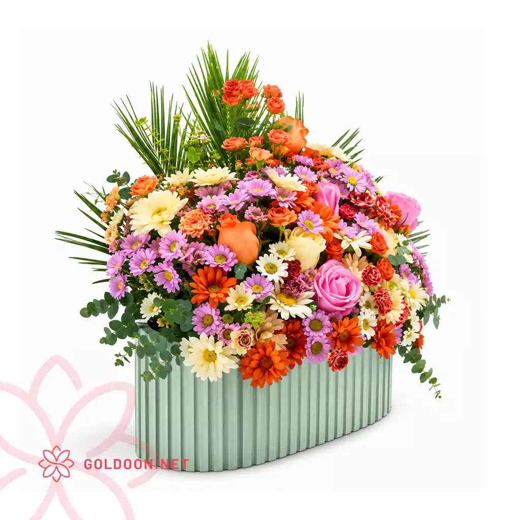 باکس گل کد 001 باکس گلی رنگارنگ و شاد شامل گل های رز و داوودی و آلسترومریا