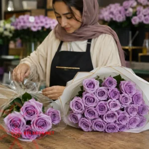 زن گلفروش در حال بستهبندی دستههای گل رز بنفش پشت میز گلفروشی goldoon.net