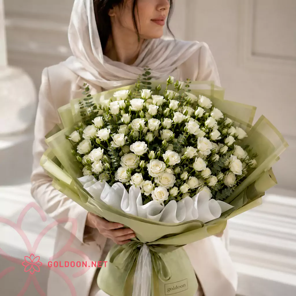 دسته گل کد 011 با رزهای مینیاتوری سفید و برگهای اکالیپتوس در دستان مدل با استایل مینیمال و فضای لوکس