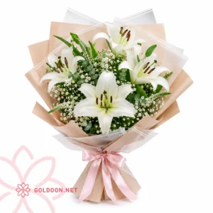 دسته گل لیلیوم سفید کد 004 گلدون با بستهبندی کاغذ کرم و روبان ساتن صورتی