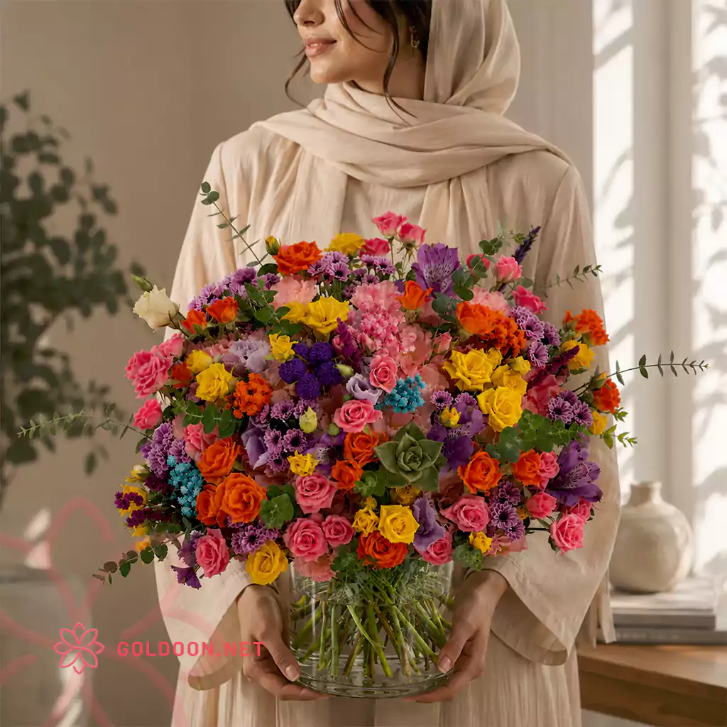جار گل کد 008 با تم بنفش؛ ترکیبی لطیف از رز مینیاتوری، داوودی، آلسترومریا و گلهای مکمل فصلی در جار شیشهای شفاف