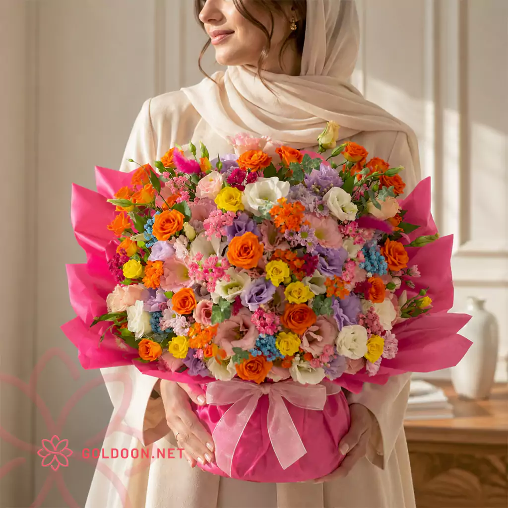 جار گل کد 008 با تم صورتی؛ ترکیبی رنگارنگ از رز مینیاتوری، داوودی، آلسترومریا و گلهای مکمل فصلی در جار شیشهای شفاف.