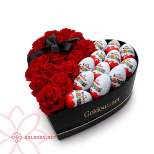 خرید آنلاین باکس گل و شکلات کد 025 شامل رز هلندی قرمز و شکلات کیندر در باکس قلبی لوکس از فروشگاه گلدون