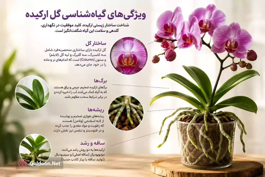 نمای نزدیک از یک گل ارکیده فالانوپسیس با مشخص بودن لبه گل (Labellum)، ستون مرکزی و ریشه‌های هوایی.خرید ارکیده در تهران