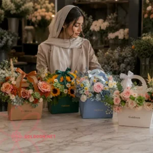 باکس گل کد 032 از فروشگاه گلدون با 4 رنگ بندی و گل آرایی در محیط گلفروشی