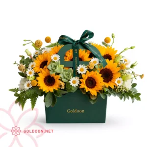 باکس گل کد 032 رنگ سبز با ترکیب آفتابگردان، بابونه، ساکولنت و برگ‌های تزئینی از فروشگاه گلدون