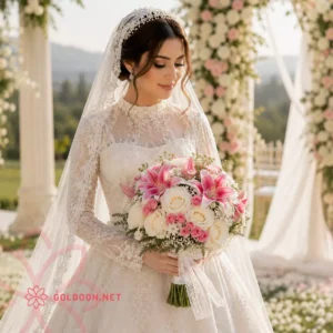 دسته گل عروس رز و لیلیوم کد 006 با رز و لیلیوم اورینتال صورتی و رز و ژیپسوفیلیا سفید با نوار گیپور در دستان عروس خانم