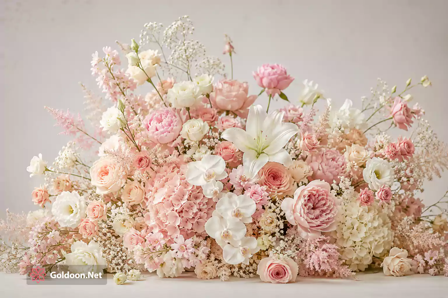 چیدمان گل‌های صورتی و سفید مناسب برای دسته گل عروس