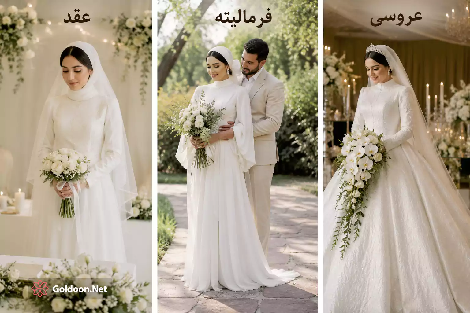تصویر سه سبک دسته گل عروس برای مراسم عقد، فرمالیته و عروسی با طراحی متناسب با هر موقعیت