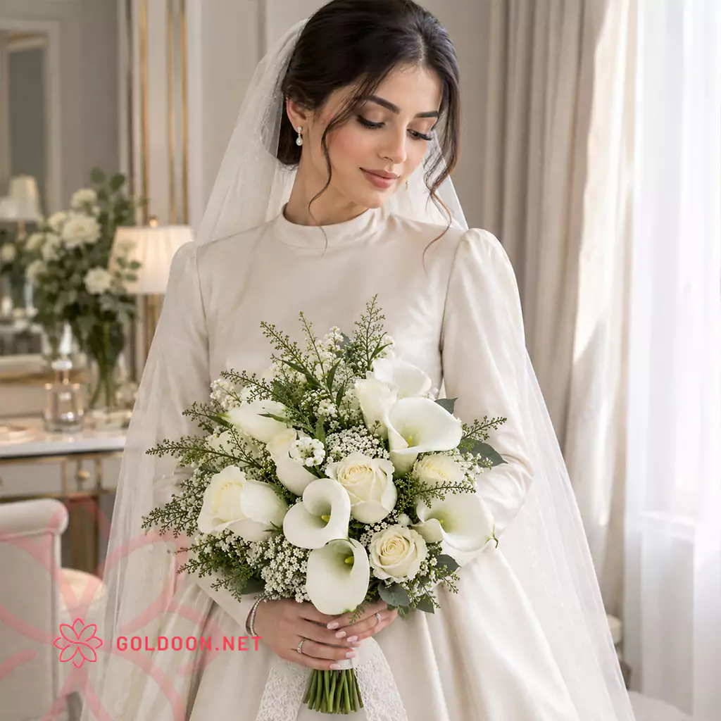 دسته گل عروس شیپوری کد 010 با ترکیب گل شیپوری سفید، رز سفید و گلهای ریز مینا، بستهبندیشده با پاپیون توری سفید در دستان عروس