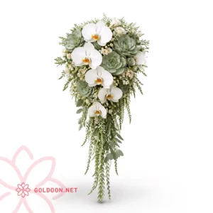 دسته گل عروس ارکیده آبشاری کد 007 ترکیبی از ارکیده فالانوپسیس آبشاری، ساکولنت، رزهای مینیاتوری و برگ‌های تزئینی سبز، در طراحی آبشاری و رو به پایین با بست ساتن سفید دور ساقه‌ها