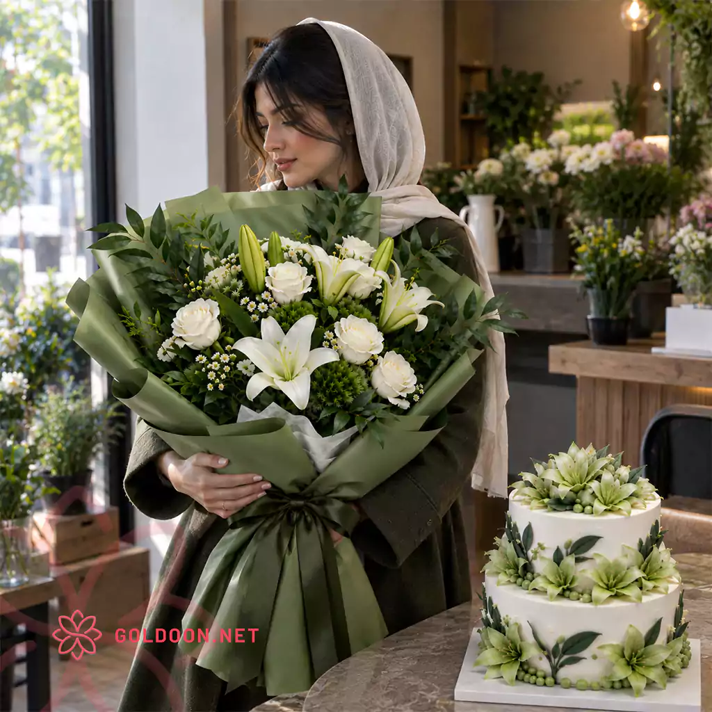 دسته گل لیلیوم و کیک کد 013 از گلدون؛ ترکیبی از رز سفید، لیلیوم سفید و گلهای فصلی در بستهبندی کاغذ سبز زیتونی با پاپیون ساتن سبز، به همراه یک کیک دو طبقه خامهای سفید تزئینشده با گلهای لیلیوم در گلفروشی گلدون کنار مدل خانم