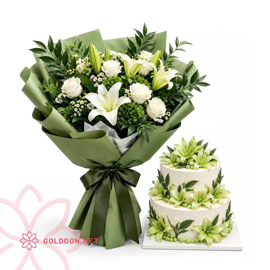 دسته گل لیلیوم و کیک کد 013 از گلدون؛ ترکیبی از رز سفید، لیلیوم سفید و گلهای فصلی در بستهبندی کاغذ سبز زیتونی با پاپیون ساتن سبز، به همراه یک کیک دو طبقه خامهای سفید تزئینشده با گلهای لیلیوم سبز، برگهای طبیعی و پرلهای شکری سبز
