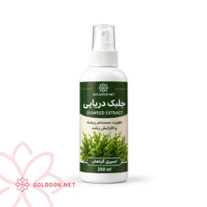 اسپری کود جلبک دریایی گلدون در بطری ۲۵۰ میلی‌لیتری برای تقویت ریشه گیاهان آپارتمانی با طرح جلبک سبز روی لیبل