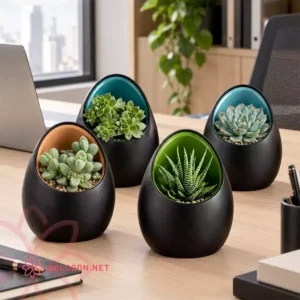 گلدان ساکولنت رومیزی کد 001، تنوع گلدان ساکولنت کوچک روی میز کار در فضای اداری