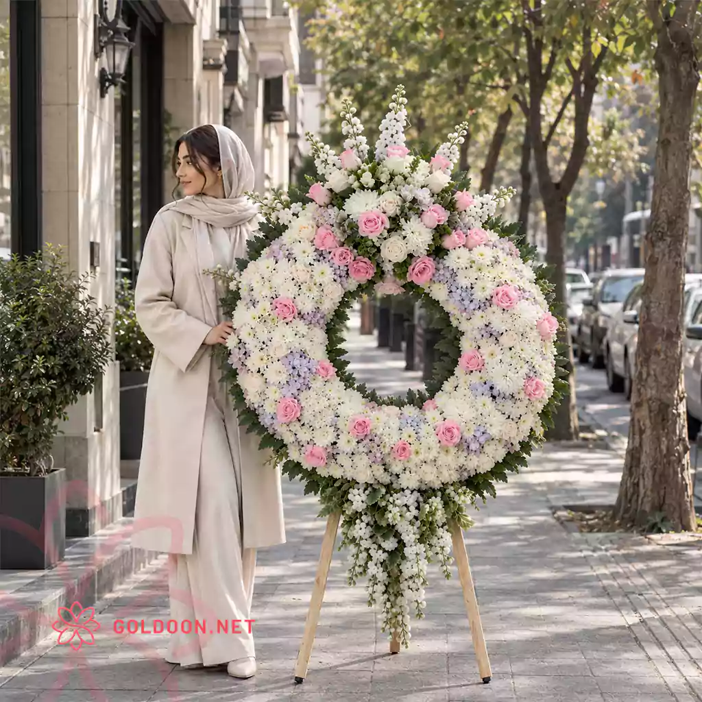 تاج گل کد 009 از فروشگاه گلدون؛ تاج گل حلقهای با داوودی سفید، رز صورتی و کرمی و گلهای فصلی روی پایه چوبی سهپایه؛ رنگبندی پاستلی و آرام