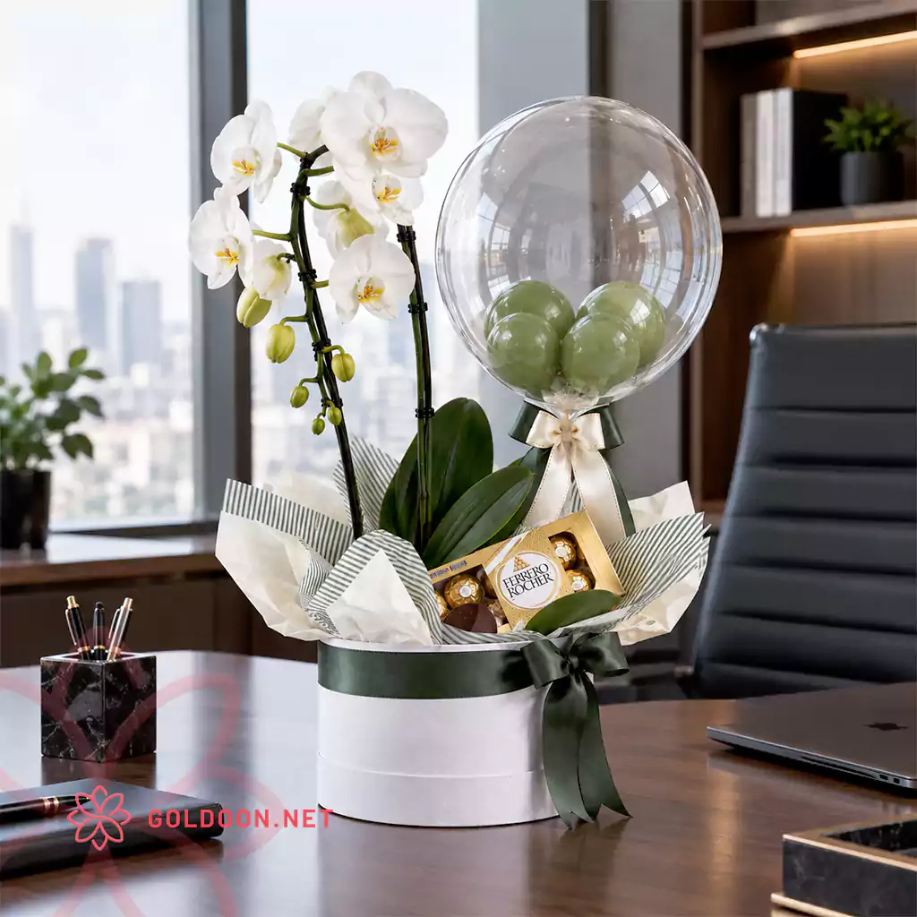 هدیه سازمانی باکس گل ارکیده و بادکنک کد 037 با ارکیده سفید، شکلات فررو روشر اصل و بادکنک در باکس گرد سفید در دفتر شرکت