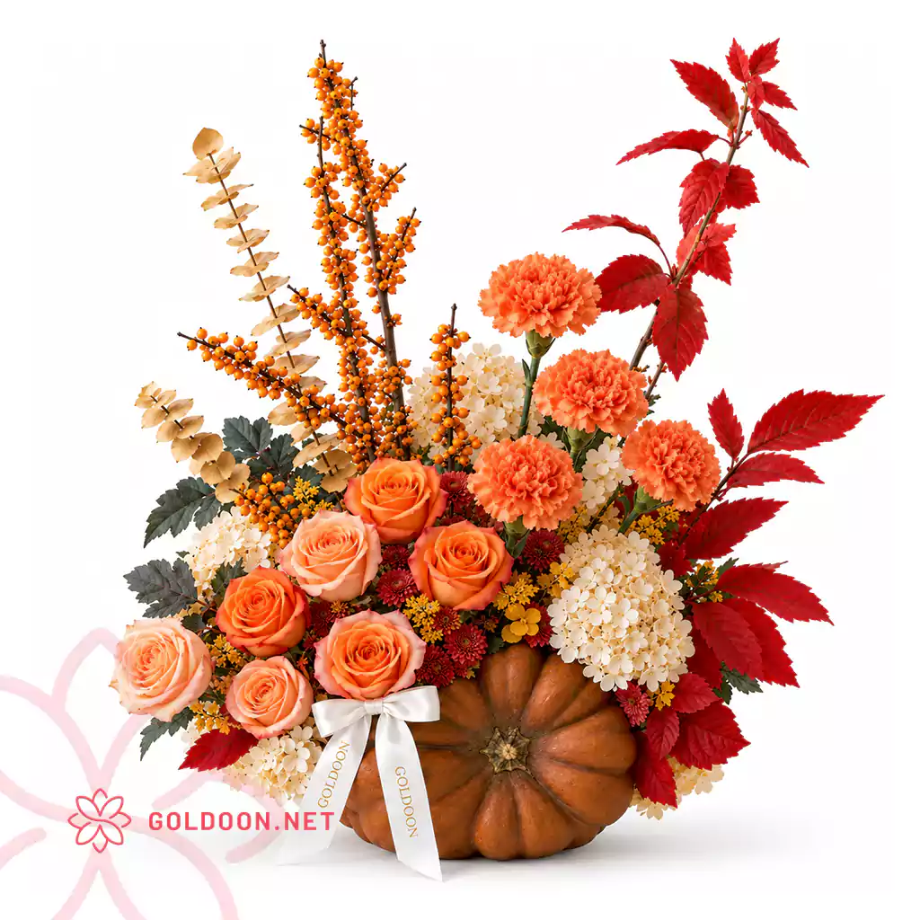 باکس گل کدو تنبل کد 041 با میخک نارنجی، رز هلویی و شاخههای پاییزی در کدو تنبل واقعی؛ باکس گل هالووین گلدون