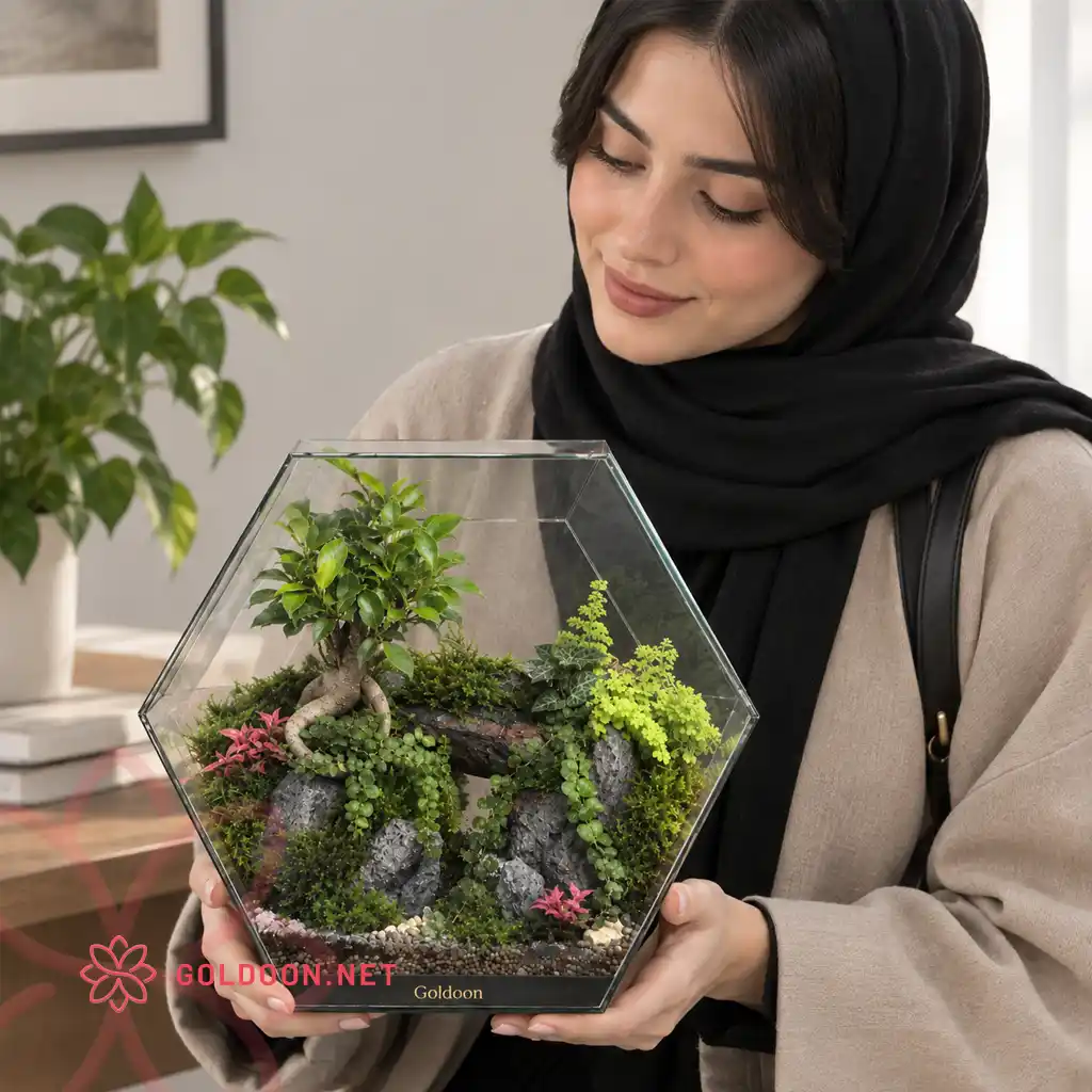 تراریوم بنسای فیکوس کد 006 در دست مدل، مناسب هدیه و دکوراسیون
