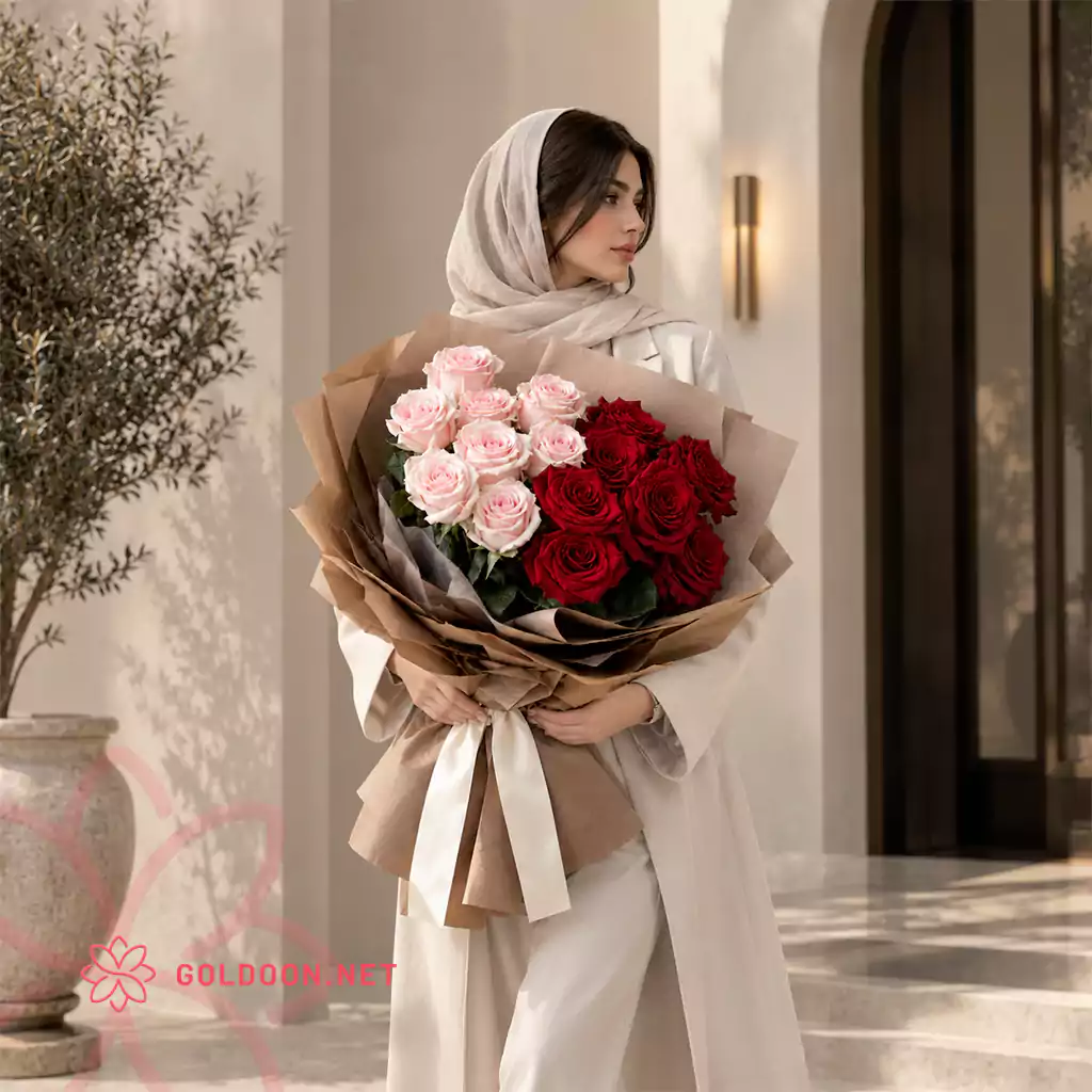 دسته گل رز دو رنگ کد 016 با رز صورتی و قرمز در بستهبندی قهوهای با روبان ساتن کرم در دستان مدل خانم