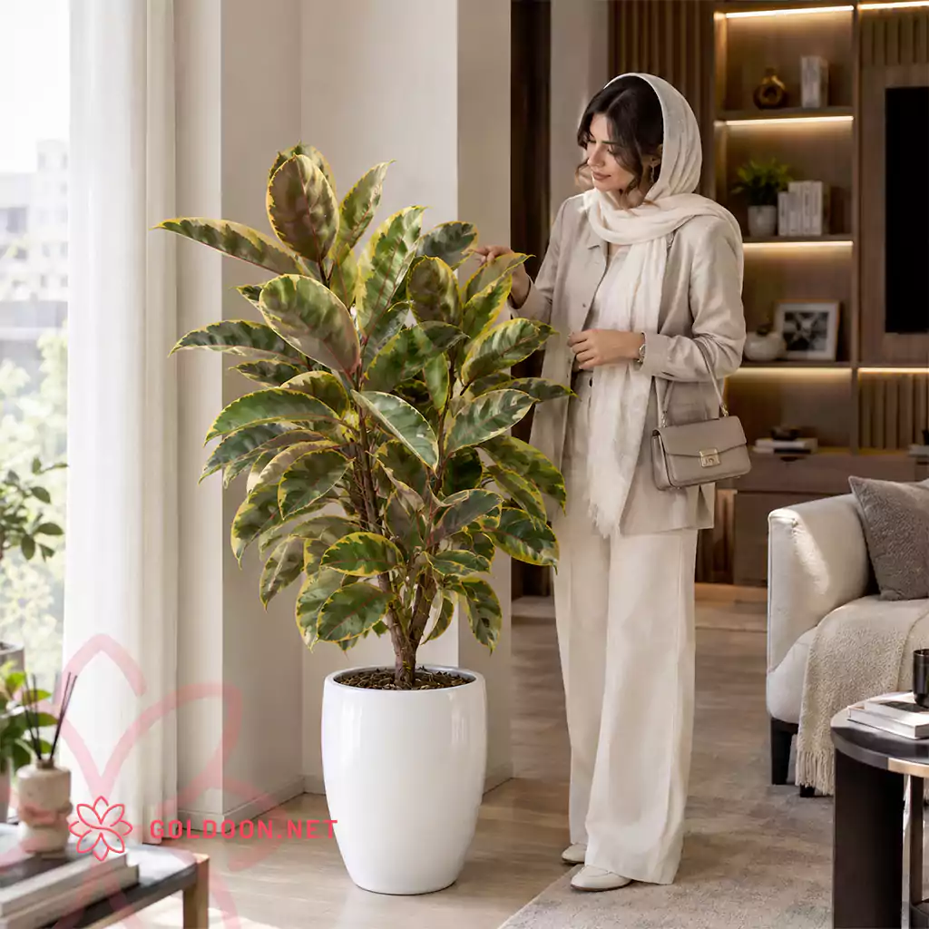 گیاه فیکوس الاستیکا ابلق بلند در گلدان سفید مناسب لابی و دفتر کار در کنار مدل خانم